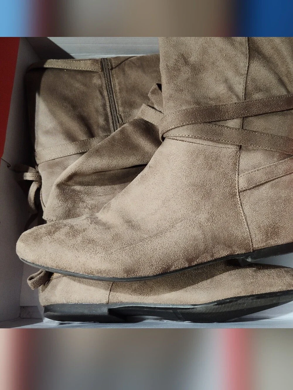 JustFab Knee High Boot Side Zip Round Toe Taupe Suede 7.5
